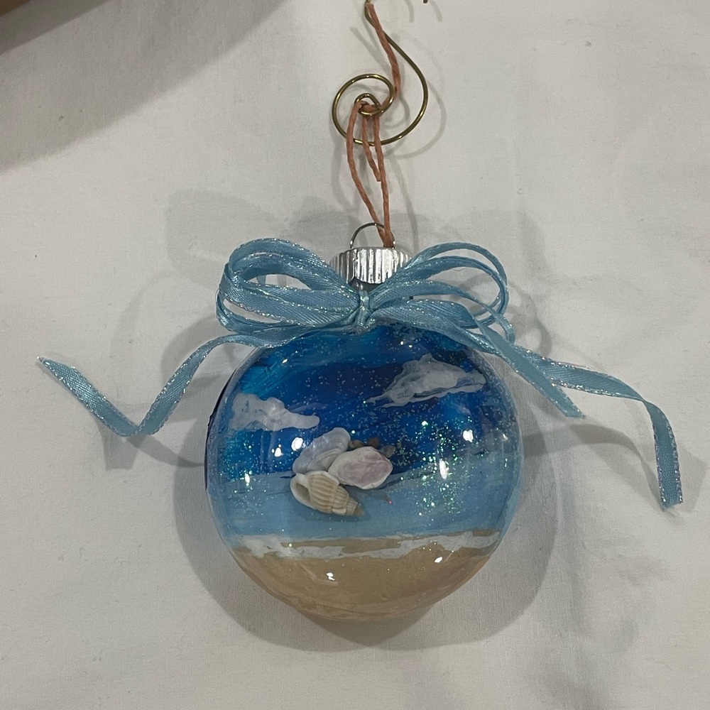 Beach Scene Holiday Ornament with Blue Ribbon
